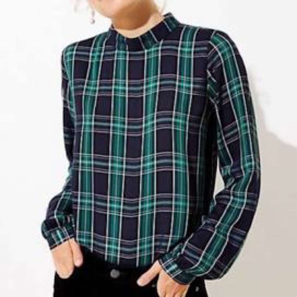 LOFT plaid mock neck blouse